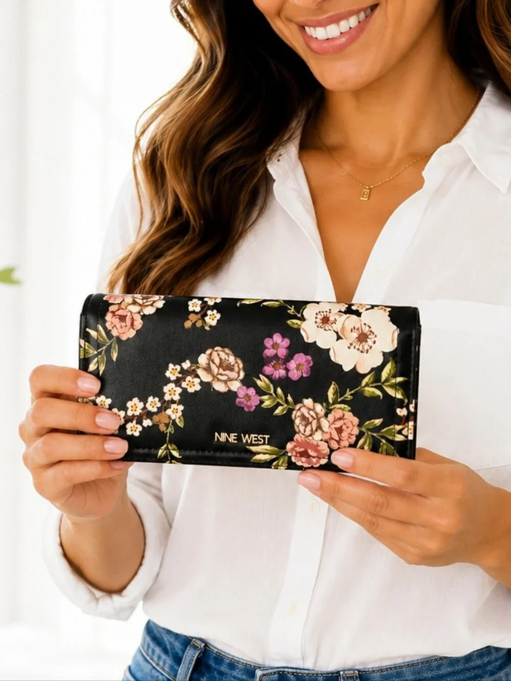 👜 Nine West Black Floral Bifold Wallet Organizer Clutch Card Holder Womens